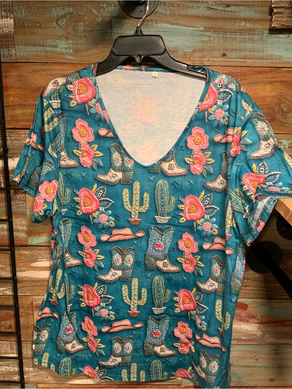 Teal Floral Western  V-Neck Women's Top